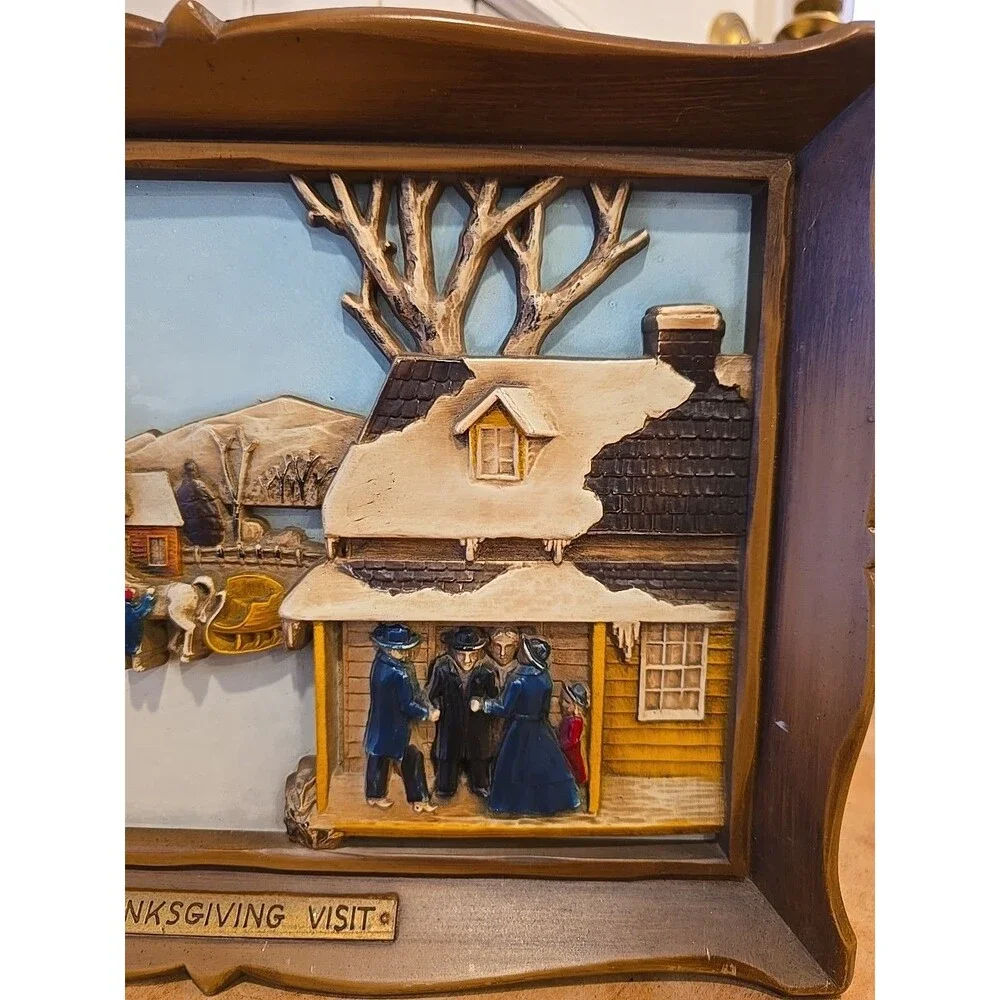 Vintage 1960s Syroco Wall Plaque Thanksgiving Visit 3D Farmhouse Cottagecore 14